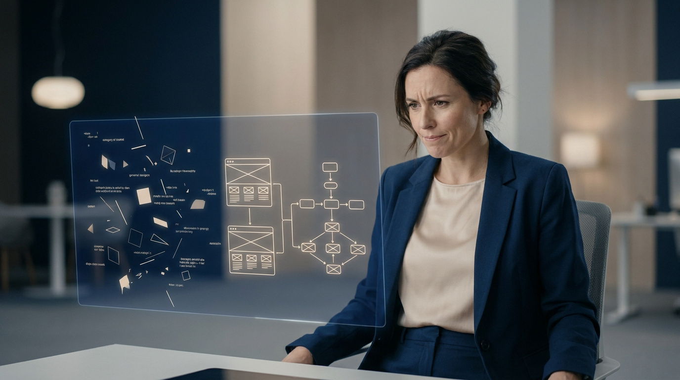 Thérapeute face à une interface holographique complexe — l'invisibilité numérique des cabinets de santé