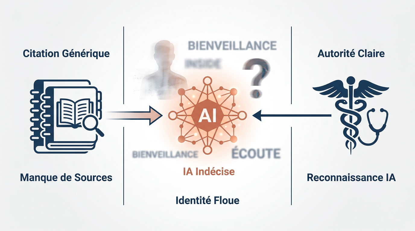 Identité clinique floue empêchant la reconnaissance par les IA — pages institutionnelles vs contenu naturel et spécifique